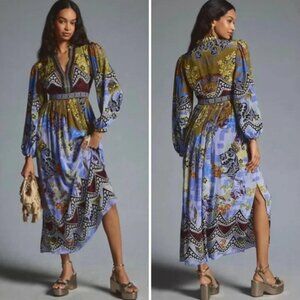 ANTHROPOLOGIE Bhanuni by Jyoti Floral Graphic Maxi Dress 8 Petite 🪻🪻🪻